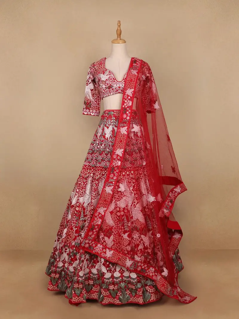 Red Floral And Bird Embroidered Net Lehenga For Bridesmaids 1
