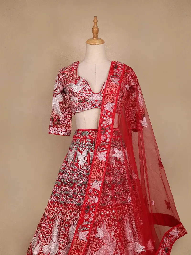 Red Floral And Bird Embroidered Net Lehenga For Bridesmaids 2