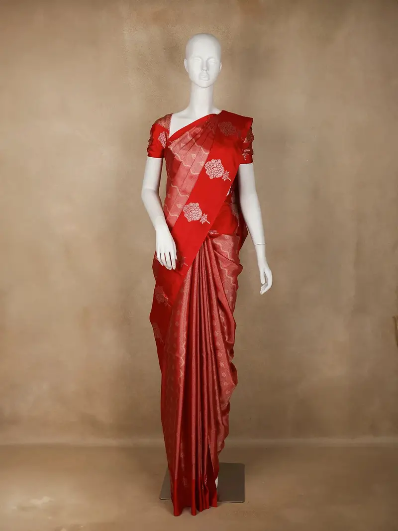Red Floral And Chevron Designed Semi Silk Fancy Saree 1