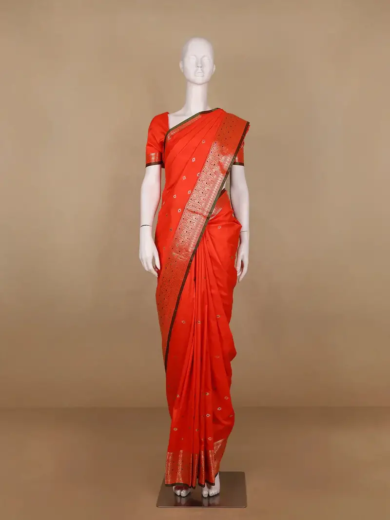 Red Floral And Diamond Mtif Zari Weaving Soft Silk Saree 1