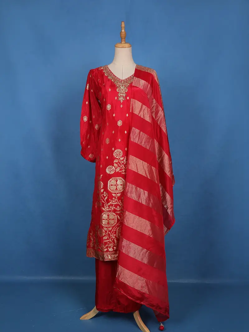 Red Floral And Geometric Embroidered Silk Salwar Suit 1