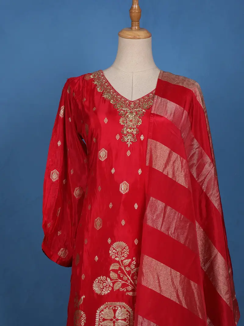 Red Floral And Geometric Embroidered Silk Salwar Suit 2