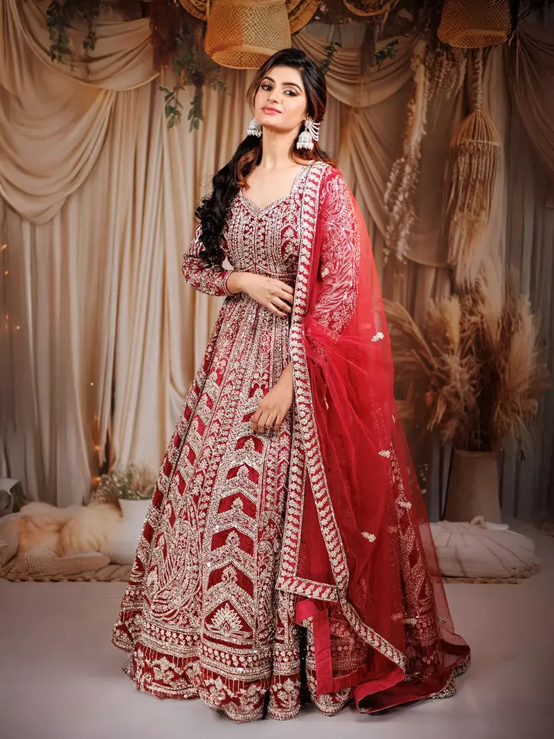 Red Floral And Paisley Embroidered Velvet Bridal Lehenga 1