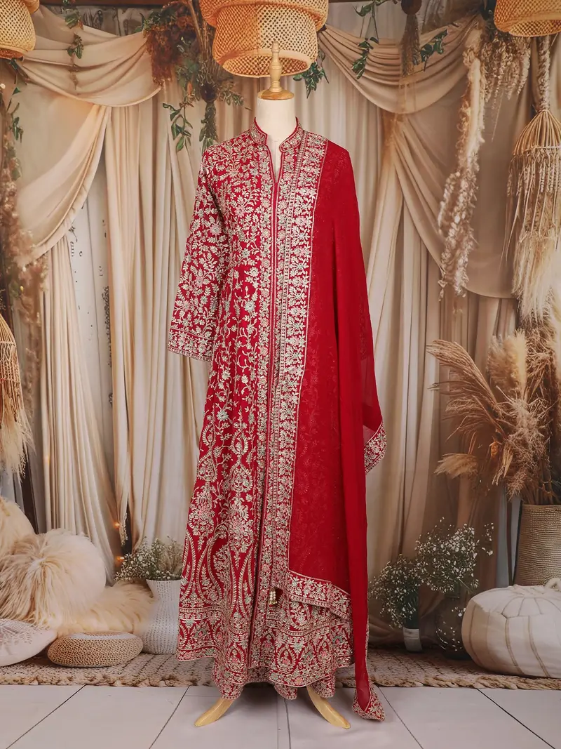 Red Floral And Sequins Embroidered Georgette Palazzo Suit 1