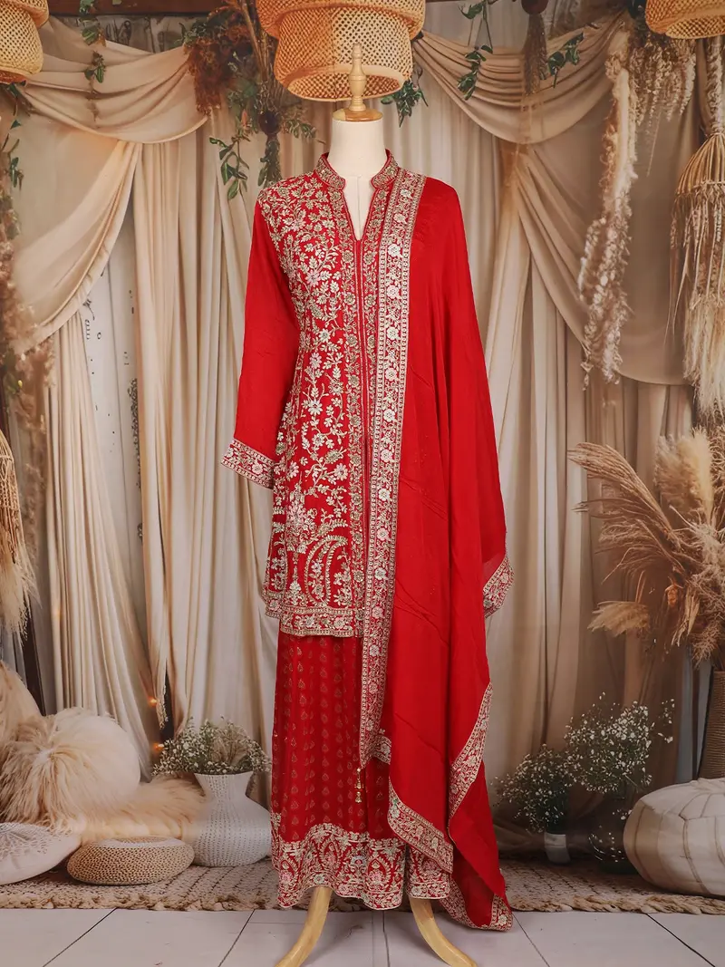 Red Floral And Sequins Embroidered Georgette Palazzo Suit 1