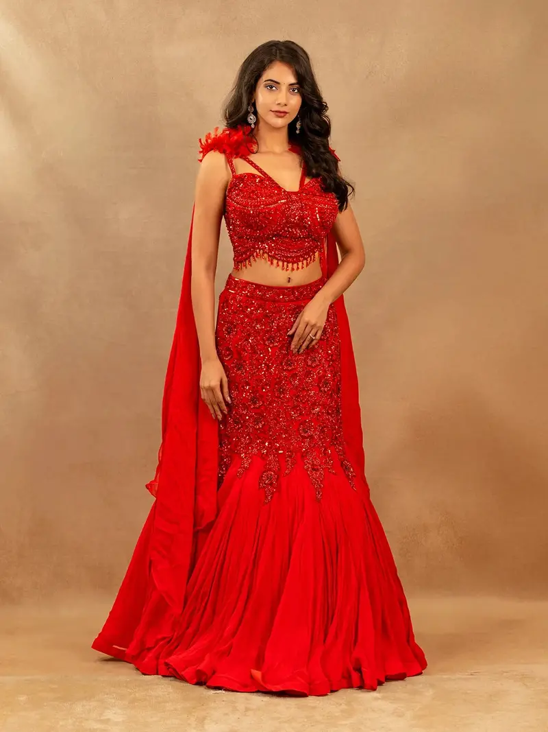 Red Floral And Sequins Embroidered Net Bridal Lehenga 1