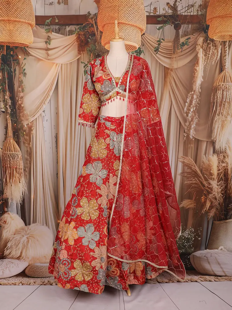 Red Floral Applique Embroidered Tissue Silk Lehenga With Dupatta 1