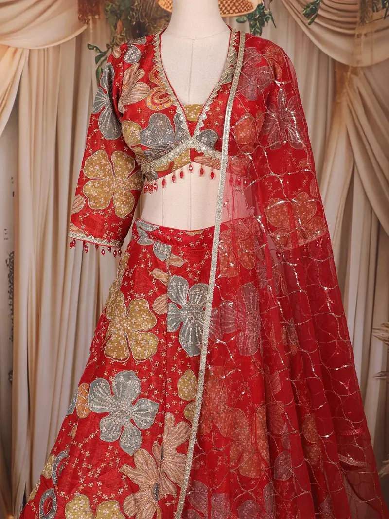 Red Floral Applique Embroidered Tissue Silk Lehenga With Dupatta 2