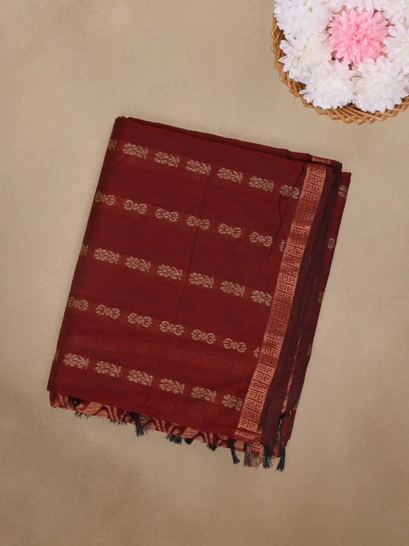 Red Floral Butta Design Cotton Saree 1
