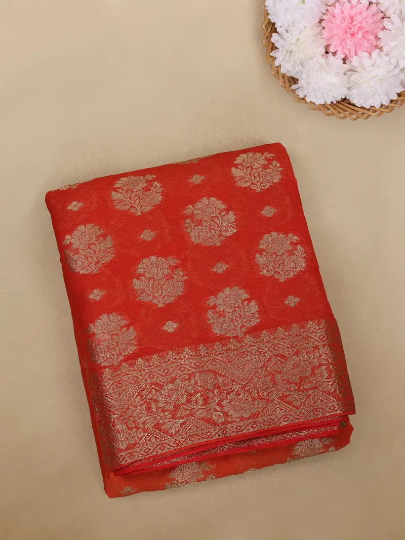 Red Floral Butta Woven Banarasi Silk Saree With Zari Border 1