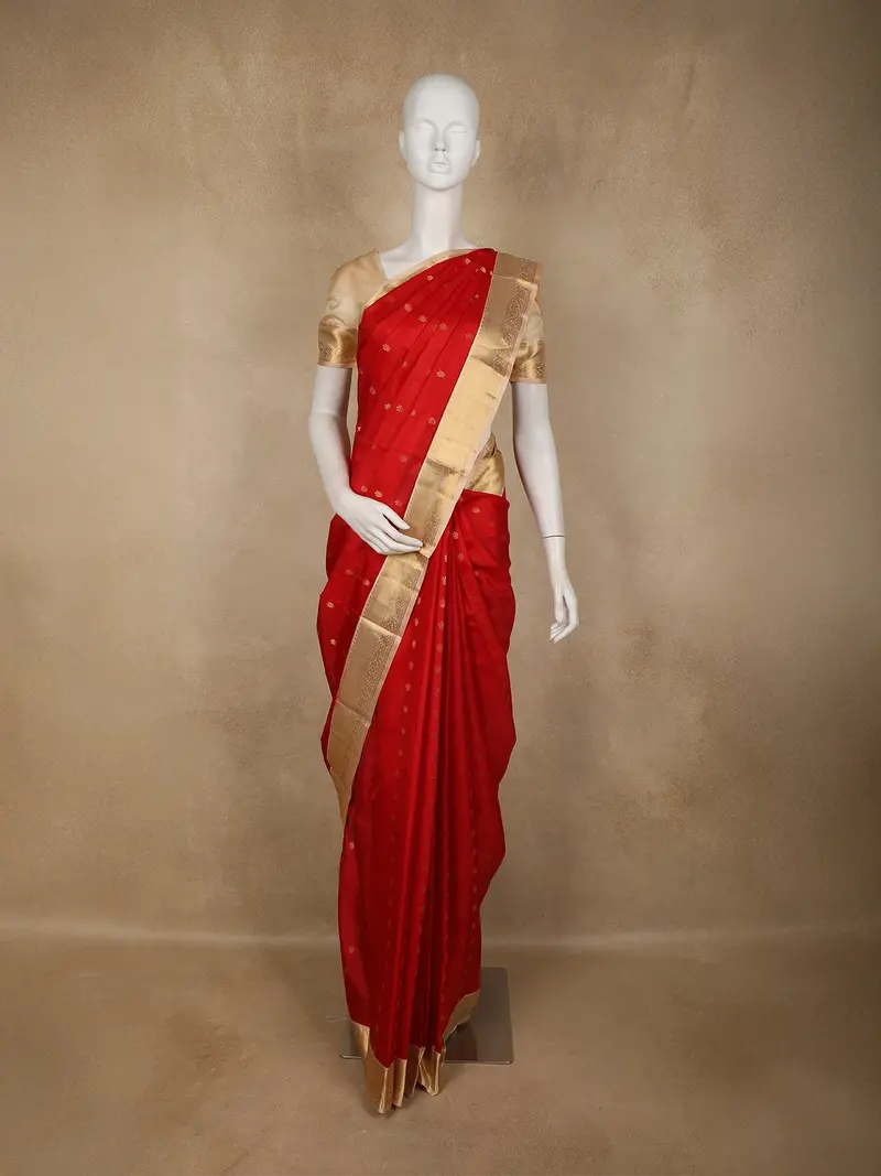 Red Floral Butta Woven Kanchipuram Silk Saree With Gold Zari Border 1