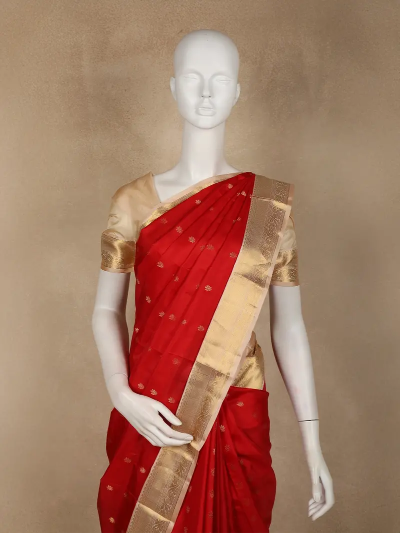 Red Floral Butta Woven Kanchipuram Silk Saree With Gold Zari Border 2