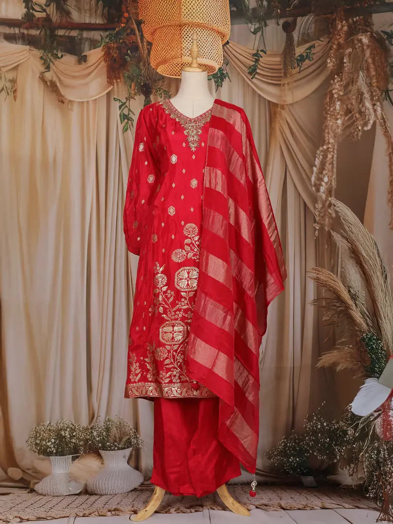 Red Floral Design Banarasi Silk Salwar Suit 1