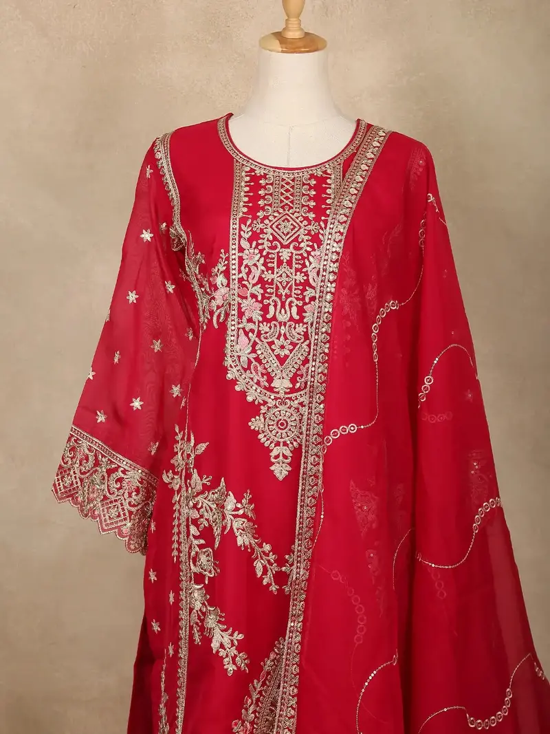 Red Floral Design Chiffon Straight Cut Salwar Suit 1