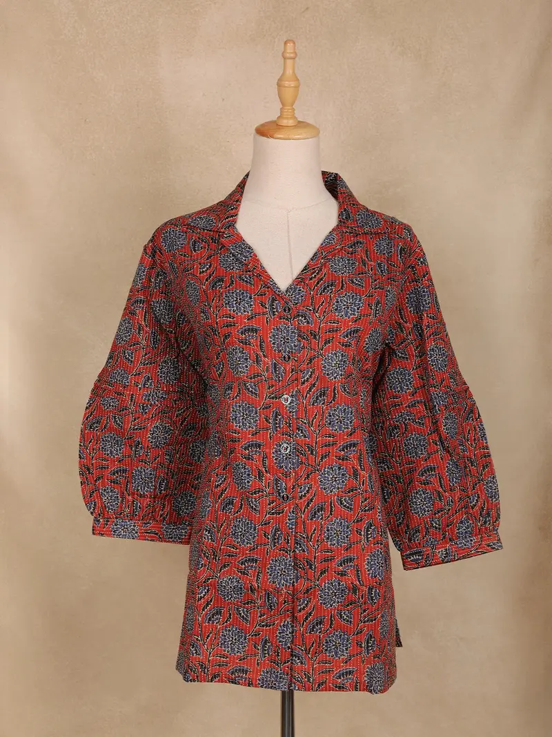 Red Floral Design Cotton Top 1
