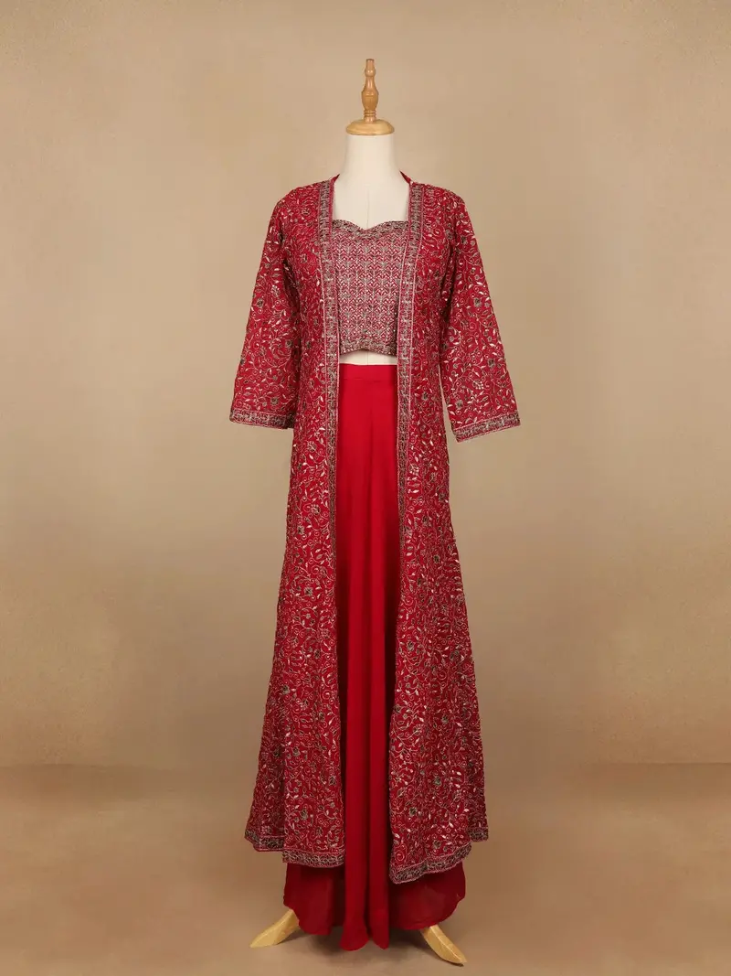 Red Floral Design Georgette Palazzo Suit 1