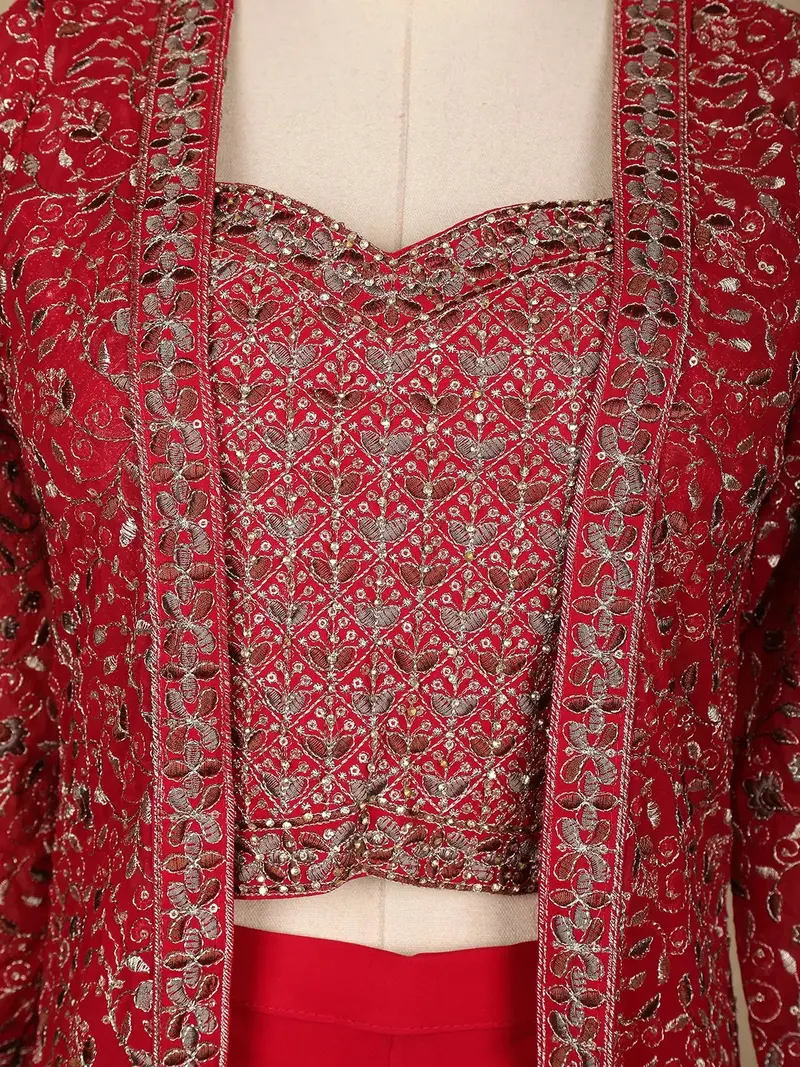 Red Floral Design Georgette Palazzo Suit 2