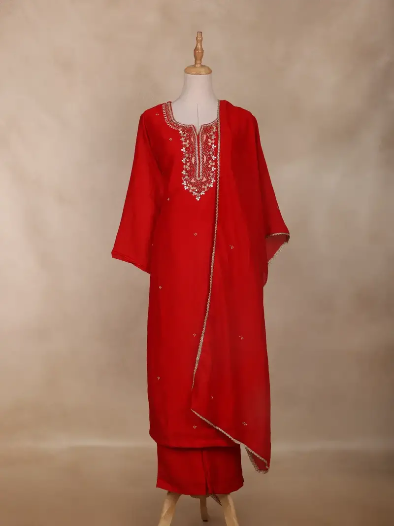 Red Floral Design Georgette Straight Cut Salwar Suit 1