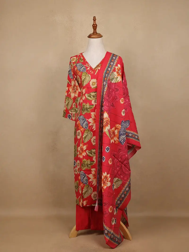 Red Floral Design Print Cotton Salwar Suit 1