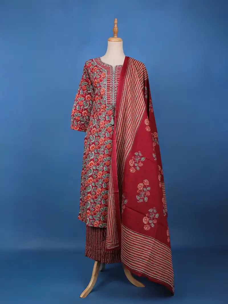 Red Floral Design Printed Cotton Salwar Suit 1