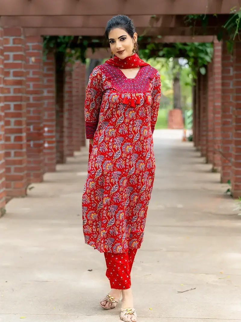 Red Floral Design Printed Cotton Salwar Suit 1