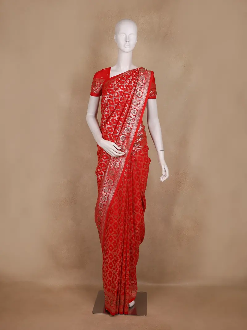 Red Floral Design Semi Banarasi Saree 1