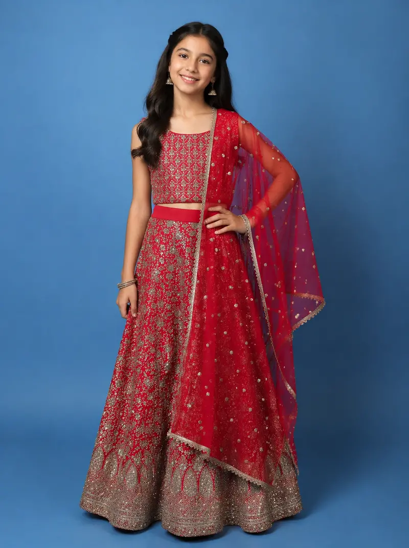 Red Floral Design Sequins Georgette Kids Lehenga 1