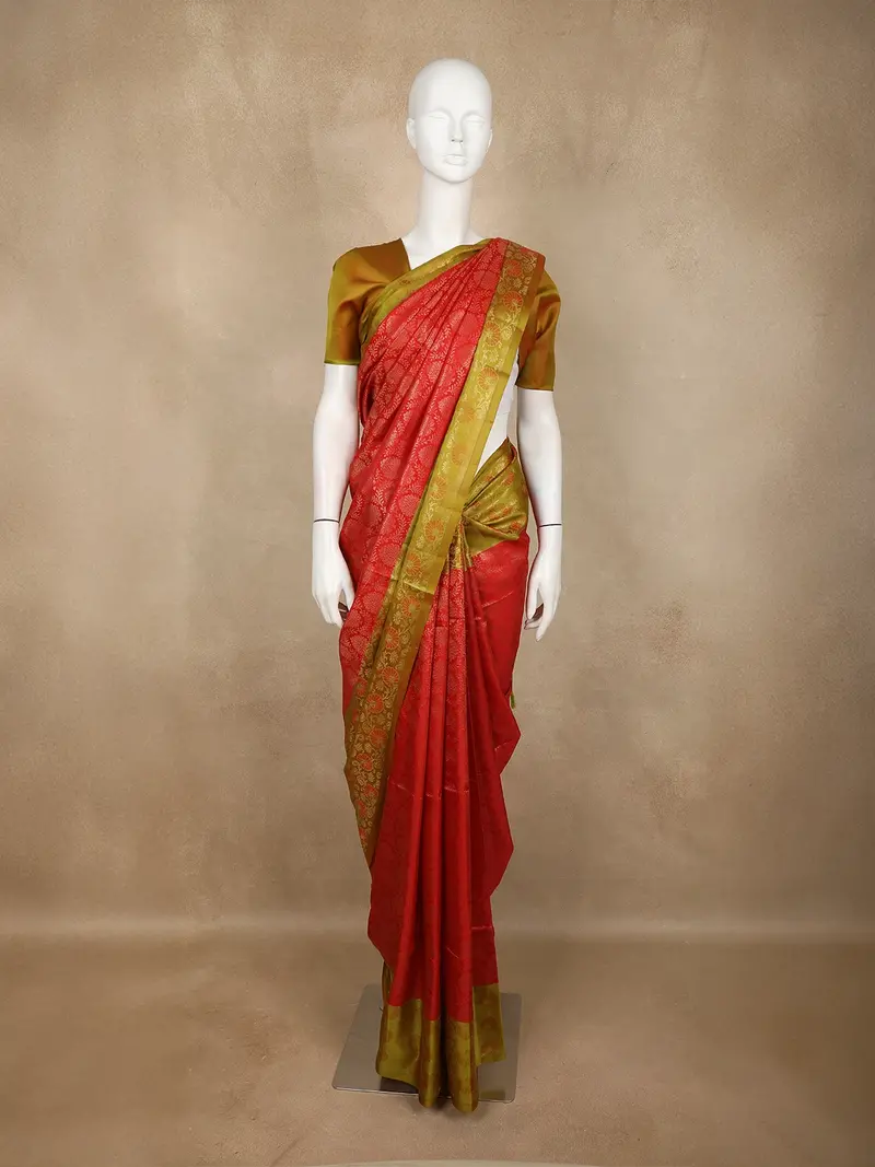 Red Floral Design Soft Silk Saree With Contrast Border 1
