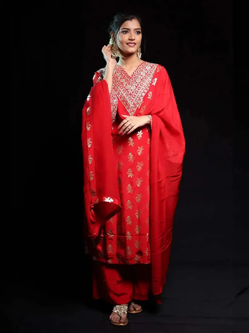 Red Floral Designed Banarasi Silk Palazzo Salwar Suit 1