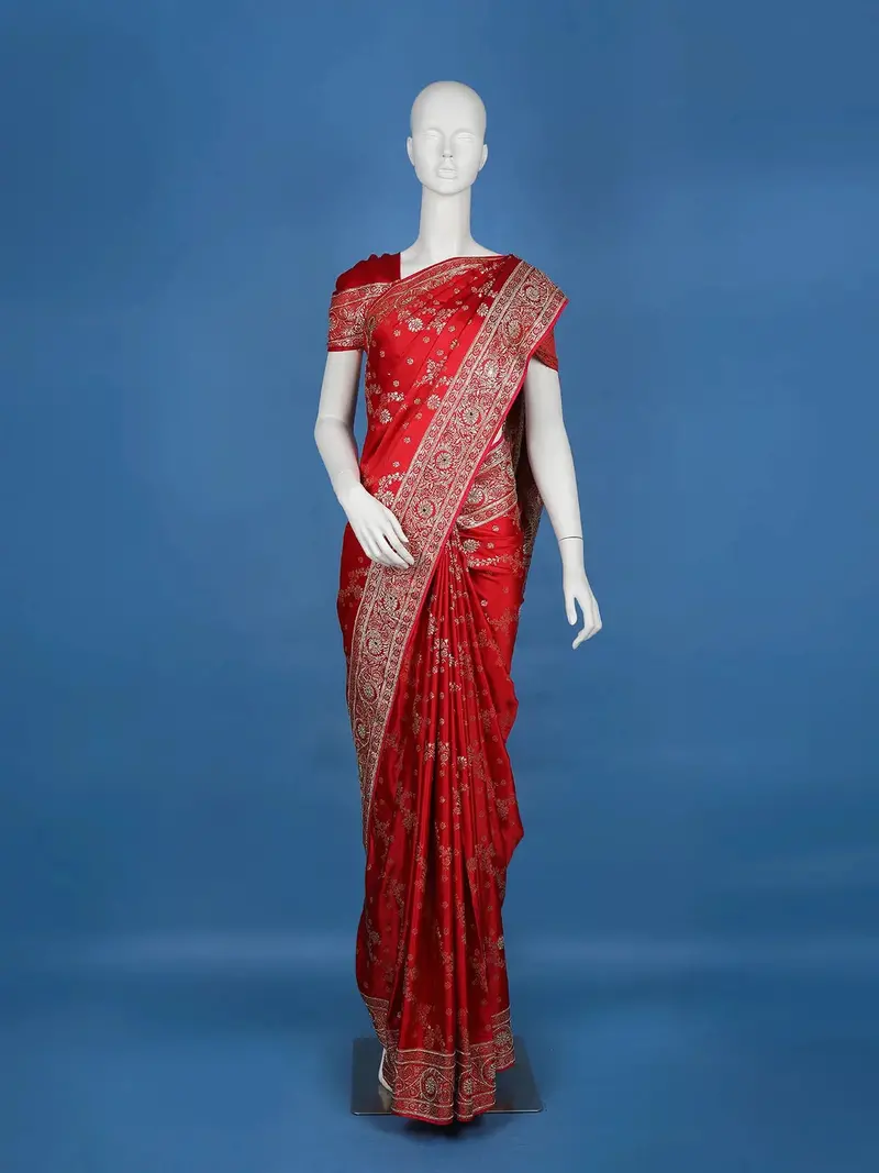 Red Floral Designed Bridal Banarasi Silk Saree 1