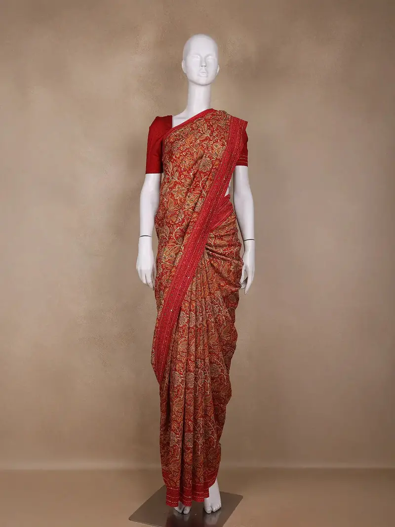 Red Floral Designed Chanderi Cotton Saree 1