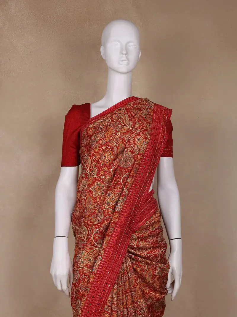 Red Floral Designed Chanderi Cotton Saree 2