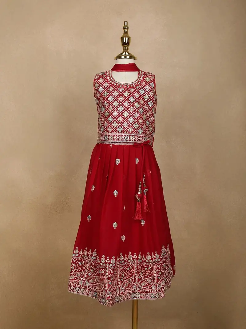 Red Floral Designed Georgette Lehenga 1