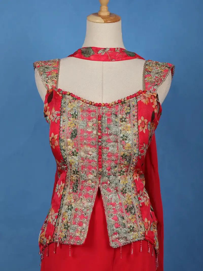 Red Floral Designed Georgette Salwar Palazzo Suit 2