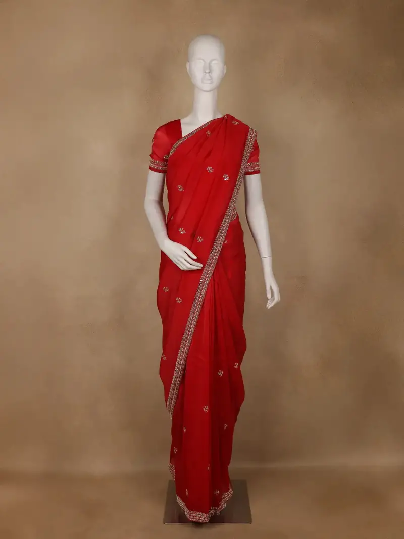 Red Floral Designed Georgette Saree With Embroidered Border 1