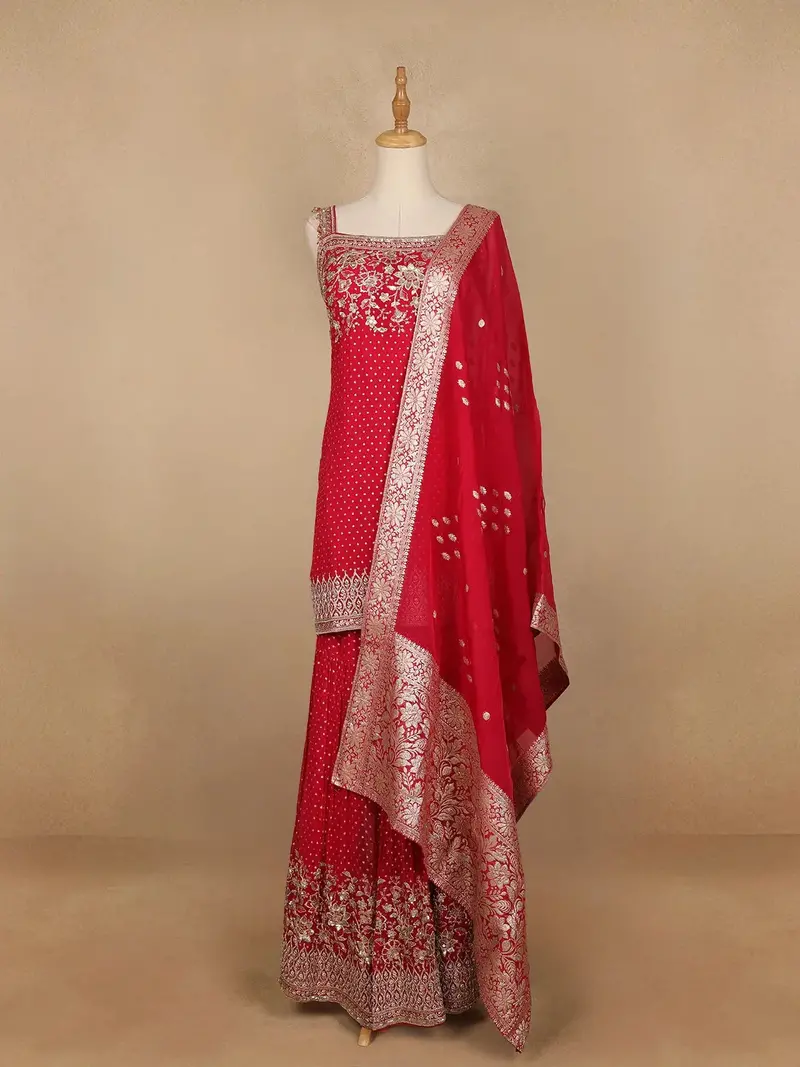 Red Floral Designed Georgette Sharara Salwar Suit 1