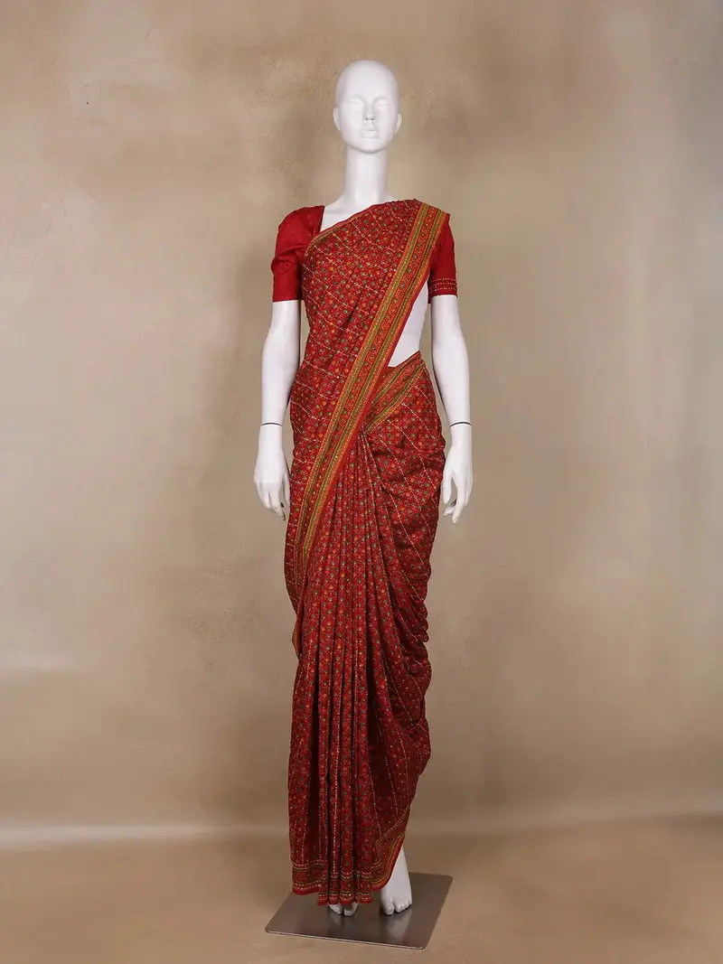 Red Floral Designed Kantha Work Chanderi Cotton Saree 1