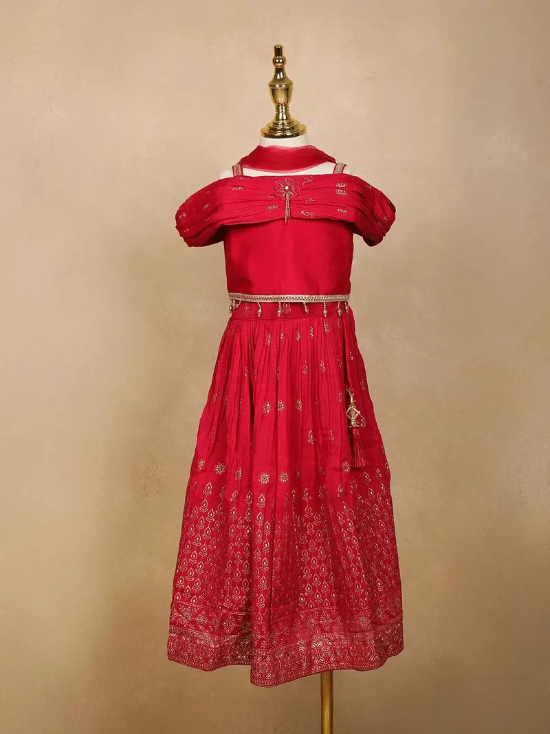 Red Floral Designed Raw Silk Lehenga 1