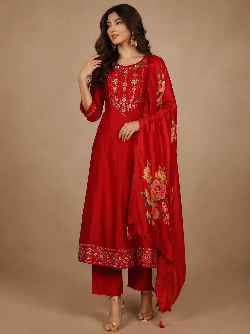 Red Floral Designed Raw Silk Salwar Suit 1