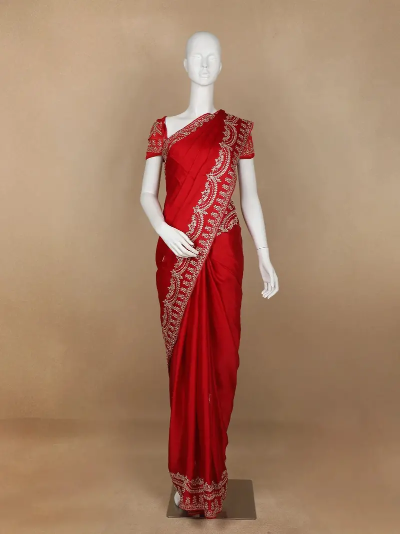 Red Floral Designed Satin Fancy Saree 1
