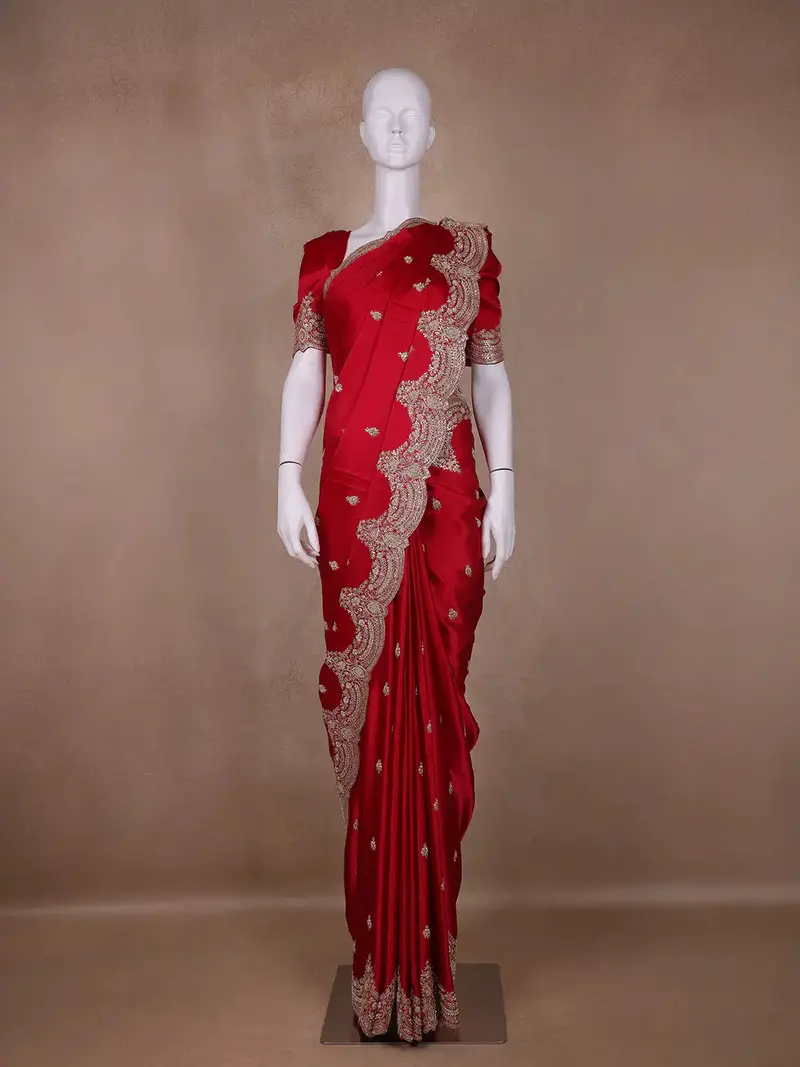 Red Floral Designed Satin Saree 1