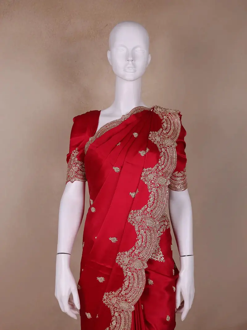 Red Floral Designed Satin Saree 2