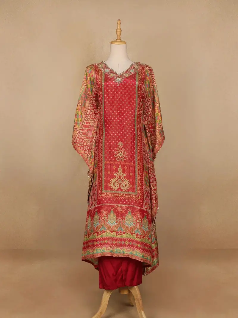 Red Floral Designed Semi Silk Kaftan Suit 1