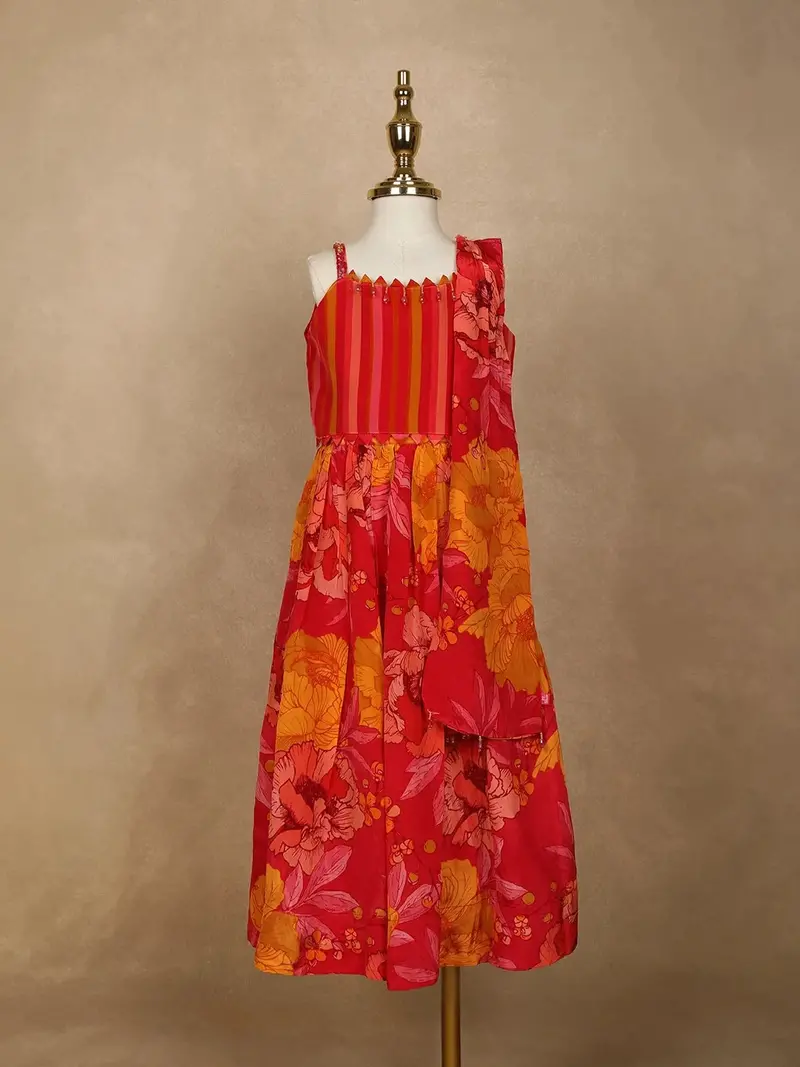 Red Floral Designed Semi Silk Lehenga 1