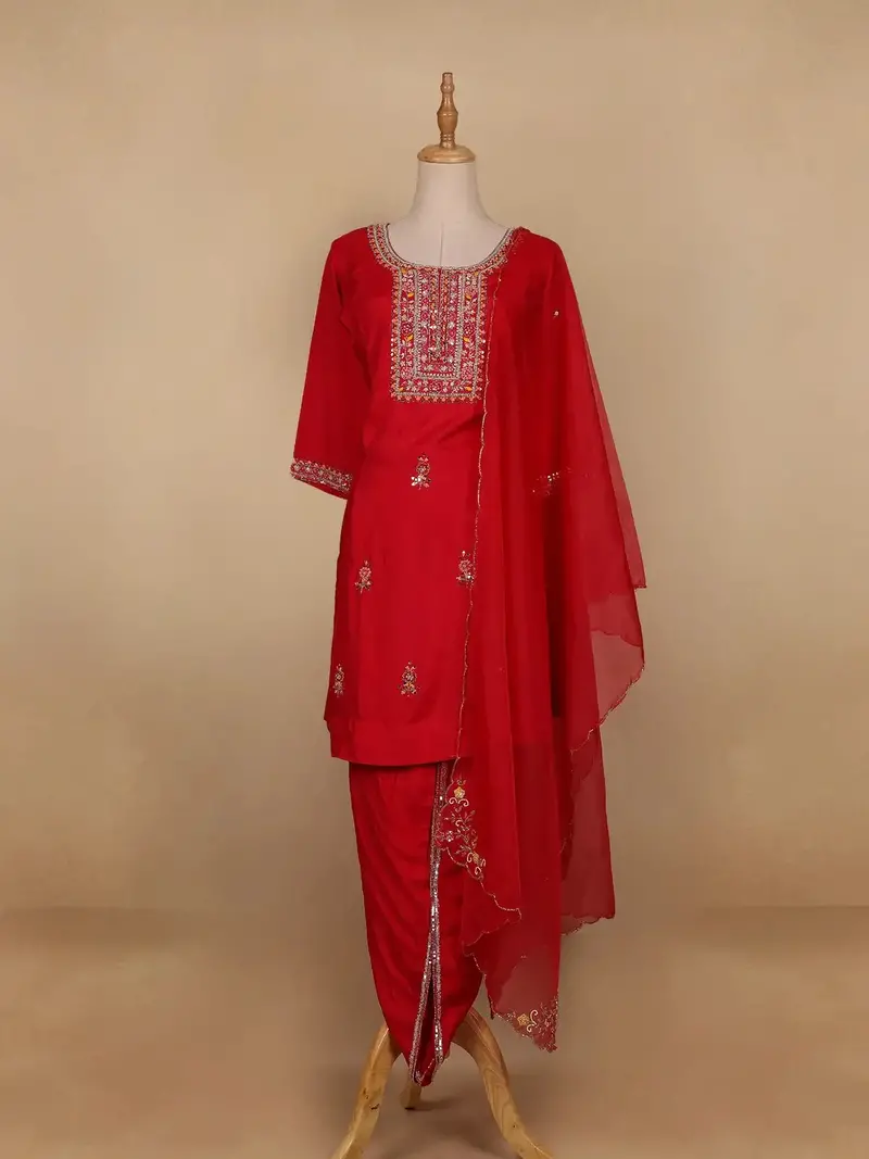Red Floral Designed Semi Silk Salwar Suit 1