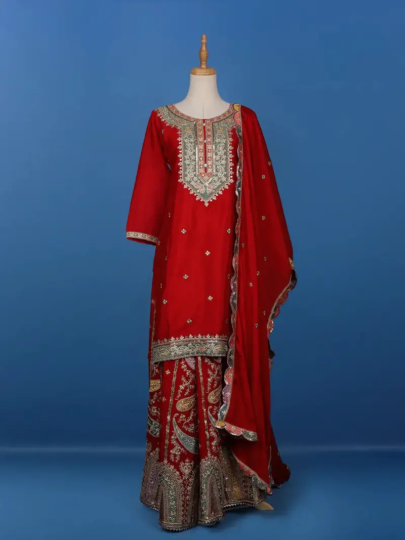 Red Floral Designed Semi Silk Straight Cut Salwar Suit 1