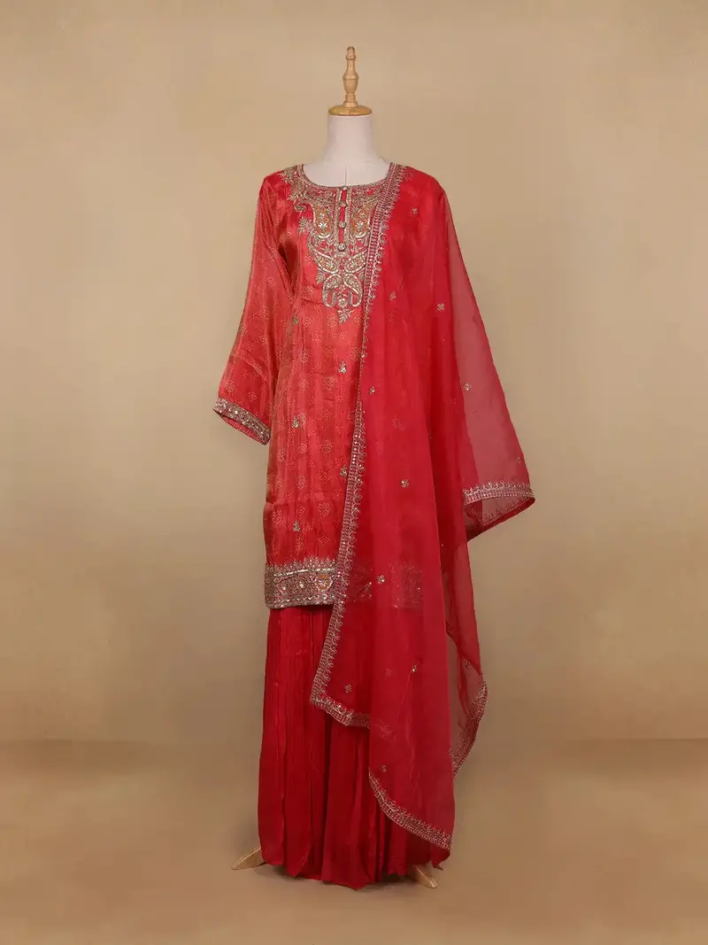 Red Floral Designed Semi Silk Straight Cut Salwar Suit 1