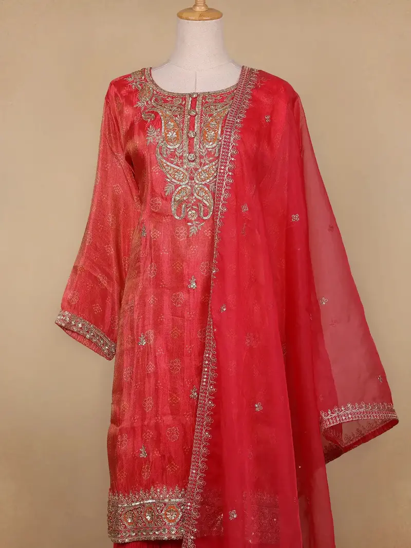 Red Floral Designed Semi Silk Straight Cut Salwar Suit 2