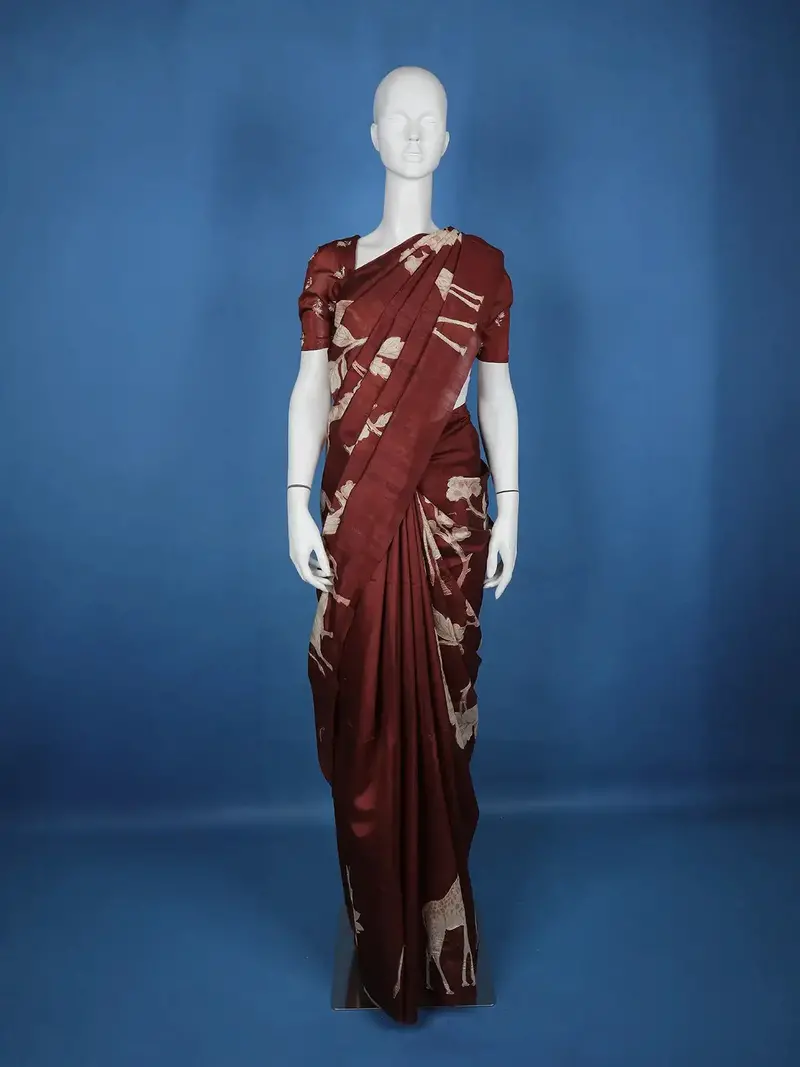 Red Floral Designed Semi Tussar Saree 1