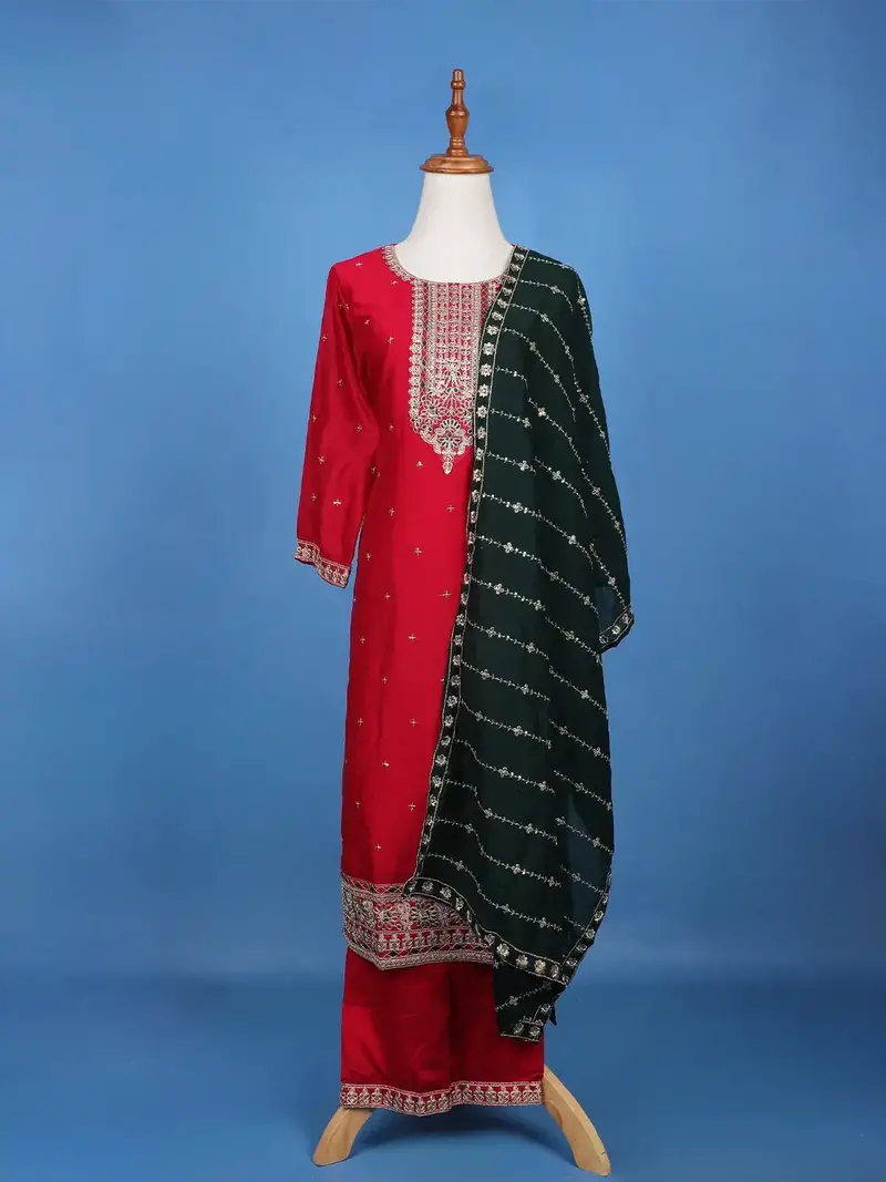 Red Floral Designed Silk Salwar Suit With Dupatta 1
